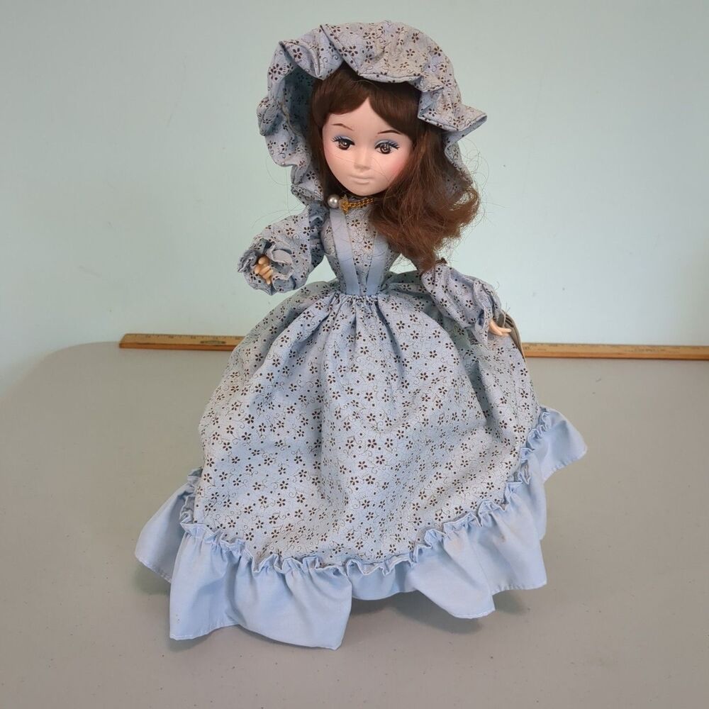 Bradley Doll Country Girl Hoop Dress Hat and Stand Has Legs Blue Floral, 16 in b